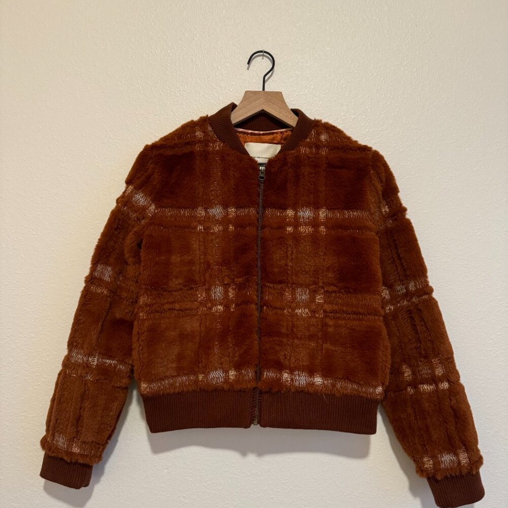 Anthropologie Burnt Orange Faux Fur Plaid Bomber Jacket XS